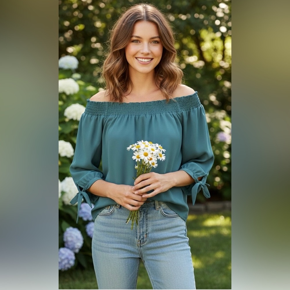 Iris teal/aquamarine off shoulder 2/3 sleeve blouse,elastic shoulder,loose fit S